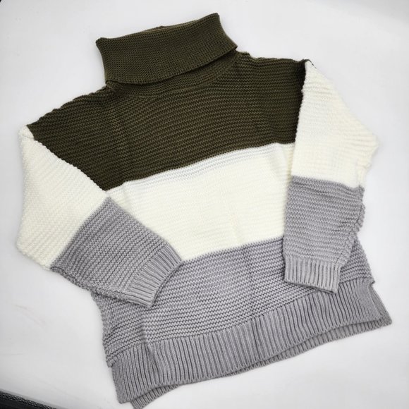 Casual Loose Fit Chunky Knit  Color Block Turtleneck Sweater L NWT - Picture 3 of 10